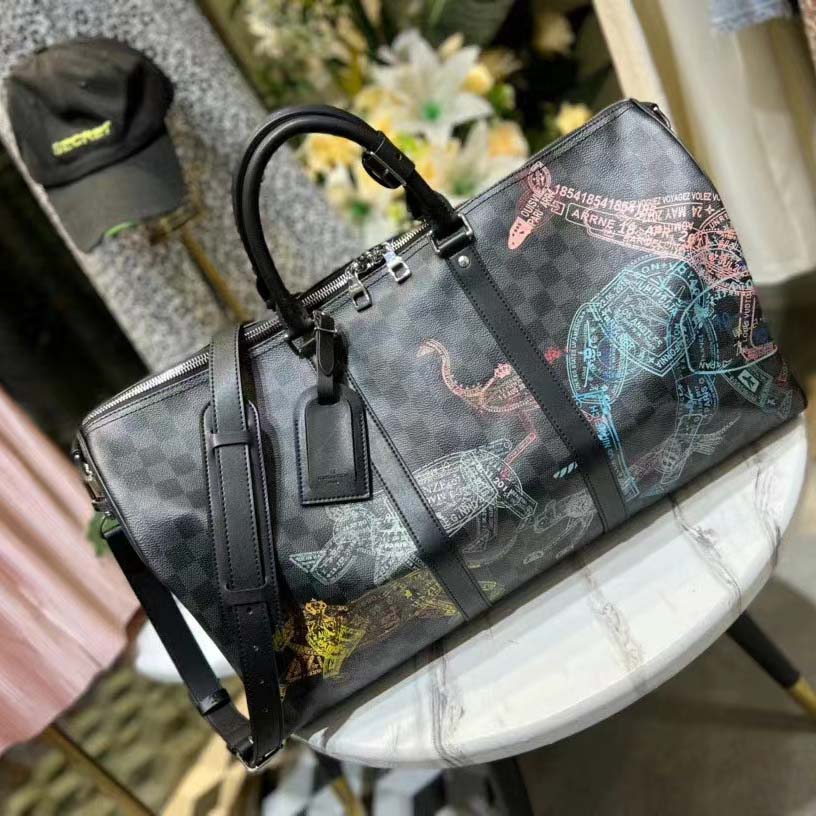 Louis Vuitton LV Unisex Keepall 50B Damier Graphite Stamps Coated Canvas