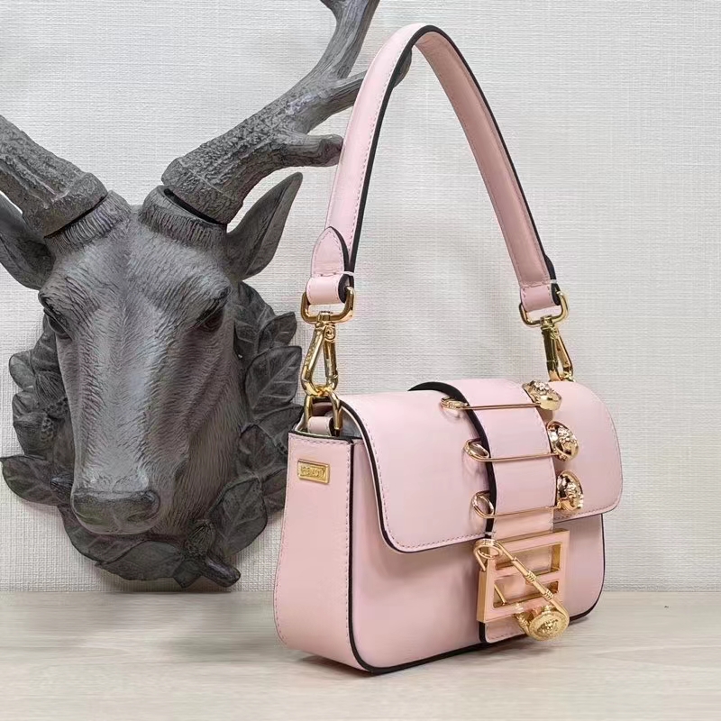 Fendi Women FF Brooch Mini Baguette Fendace Pink Leather Bag