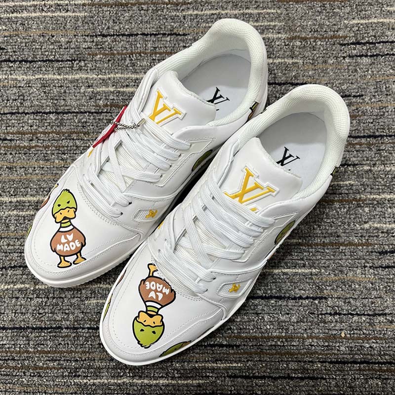 Louis Vuitton Unisex LV Trainer Sneaker White Printed Calf Leather Rubber Monogram Flowers