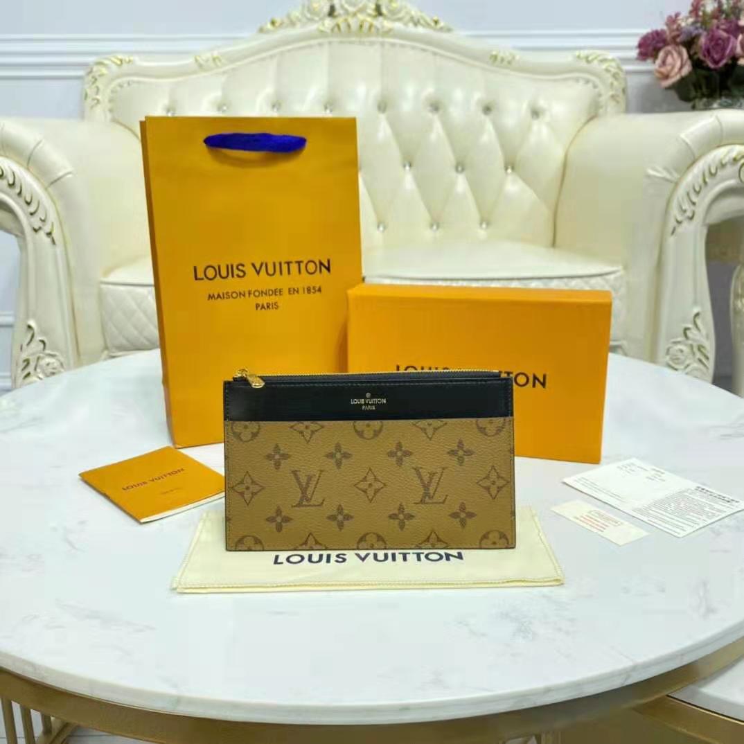 Louis Vuitton LV Unisex Slim Purse Black Monogram Reverse Coated Canvas Cowhide Leather