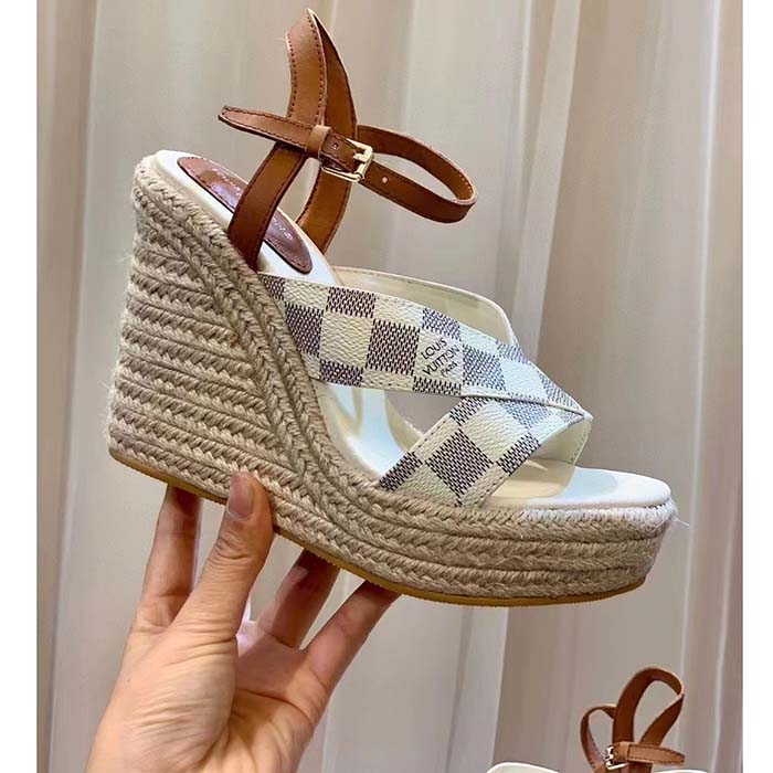 Louis Vuitton LV Women Starboard Wedge Sandal Natural Damier Azur Canvas Calf Leather