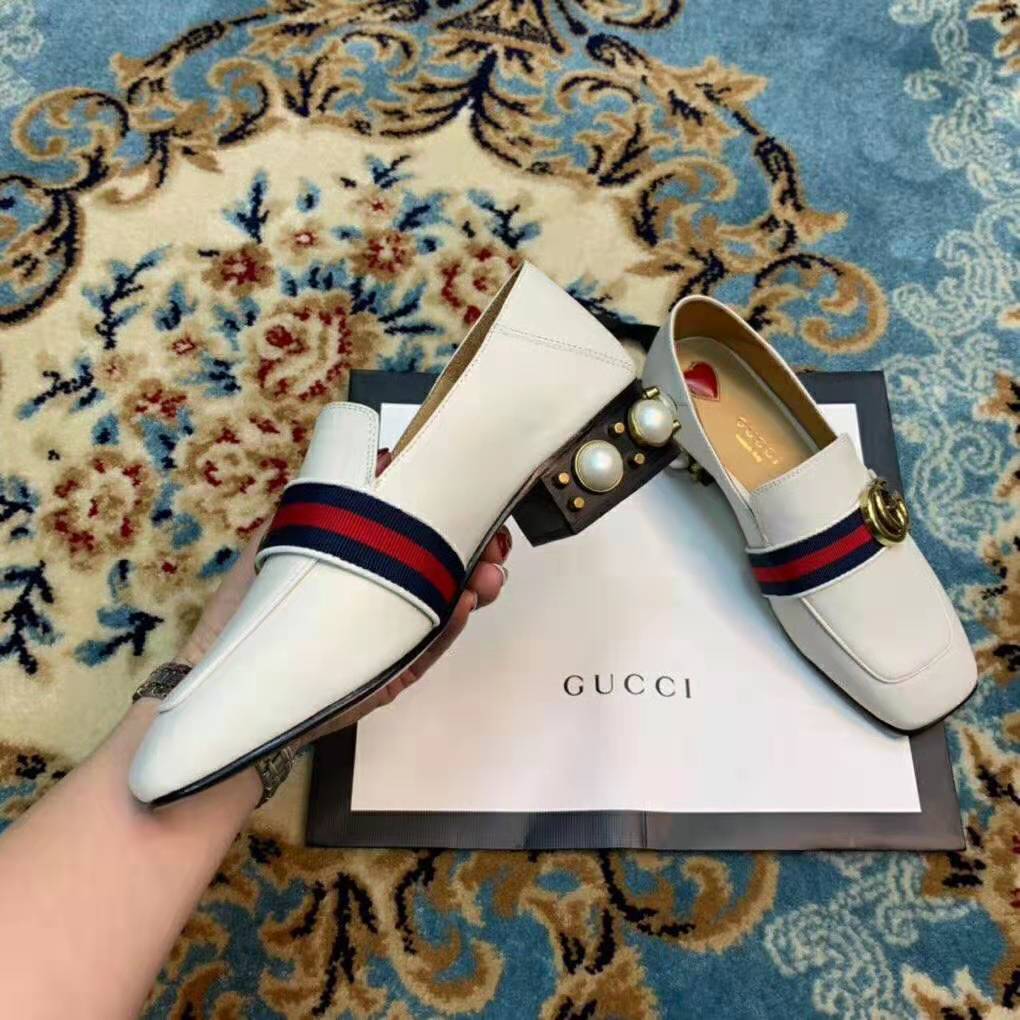 Gucci Women Leather Mid-Heel Loafer 1.5″ Heel-White
