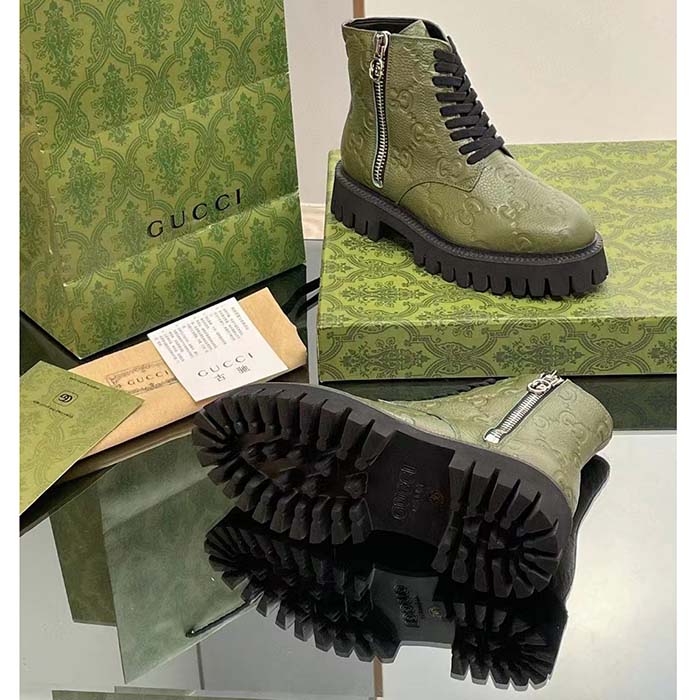 Gucci Unisex GG Leather Boot Dark Green Rubber Lug Sole Lace-Up Interlocking G Low-Heel