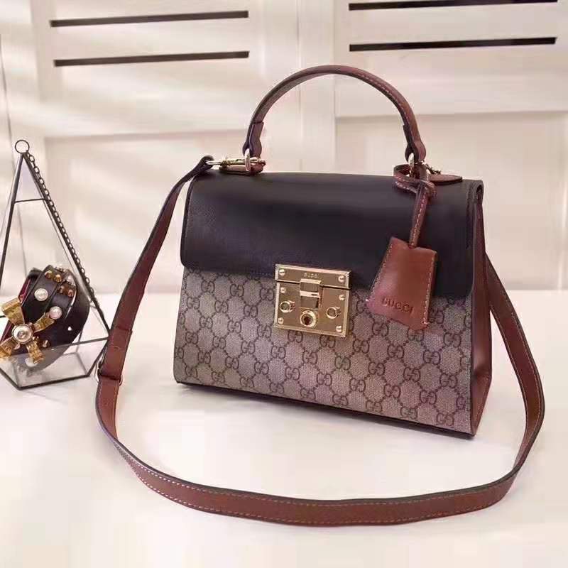 Gucci GG Women GG Padlock Small GG Top Handle Bag in Beige GG Supreme Canvas