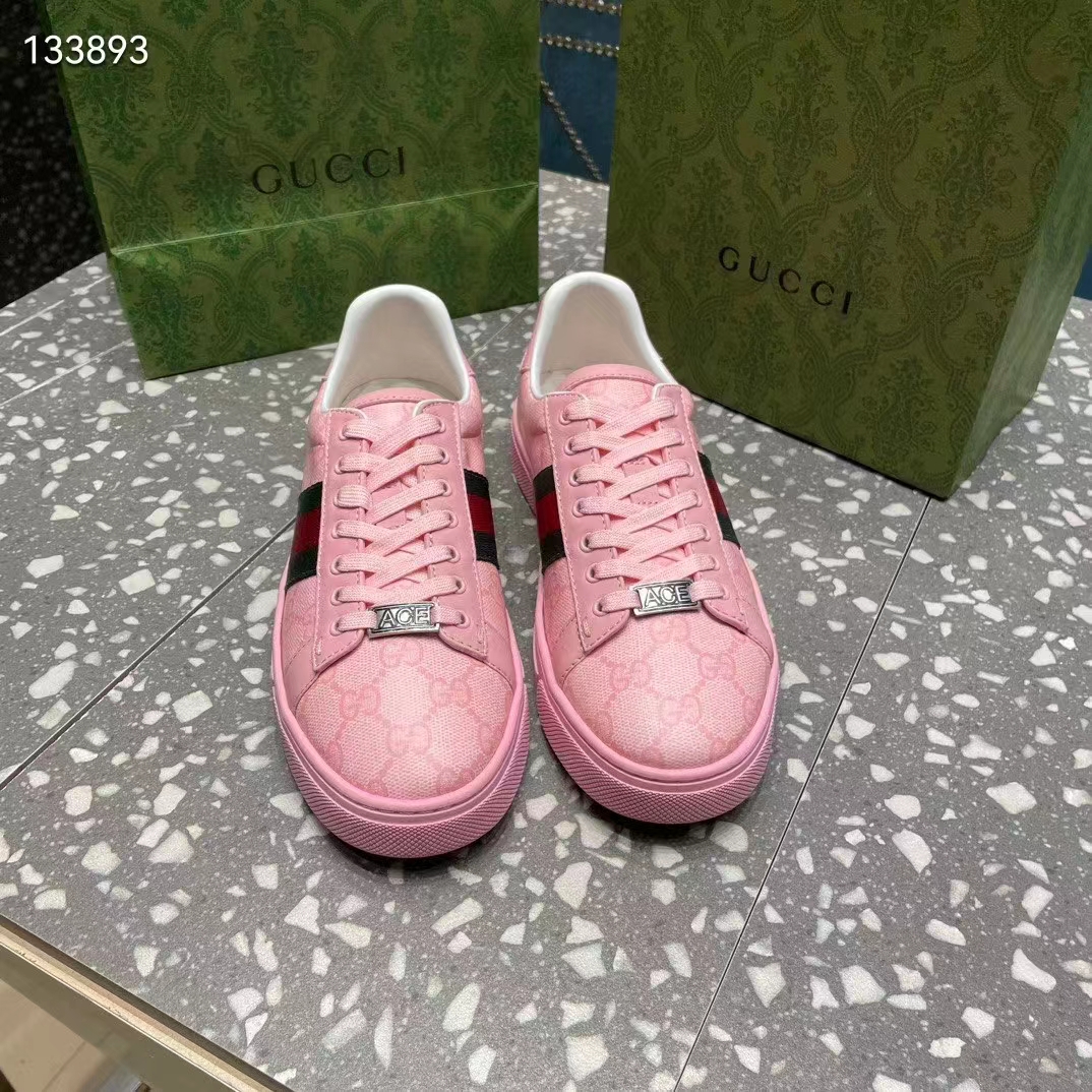 Gucci Women GG Ace Sneaker Web Pink GG Crystal Canvas Rubber Low-Heel
