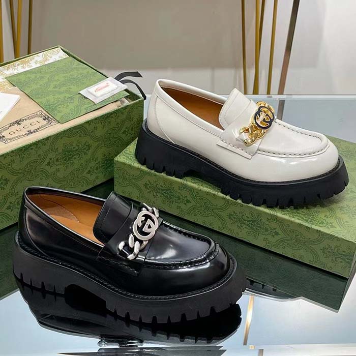 Gucci Women GG Lug Sole Loafer White Leather Interlocking G Chain Rubber Flat