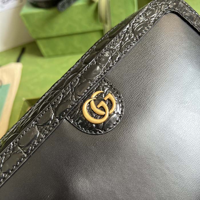 Gucci Unisex Crocodile Trim Shoulder Bag Double G Black Leather Zip Closure