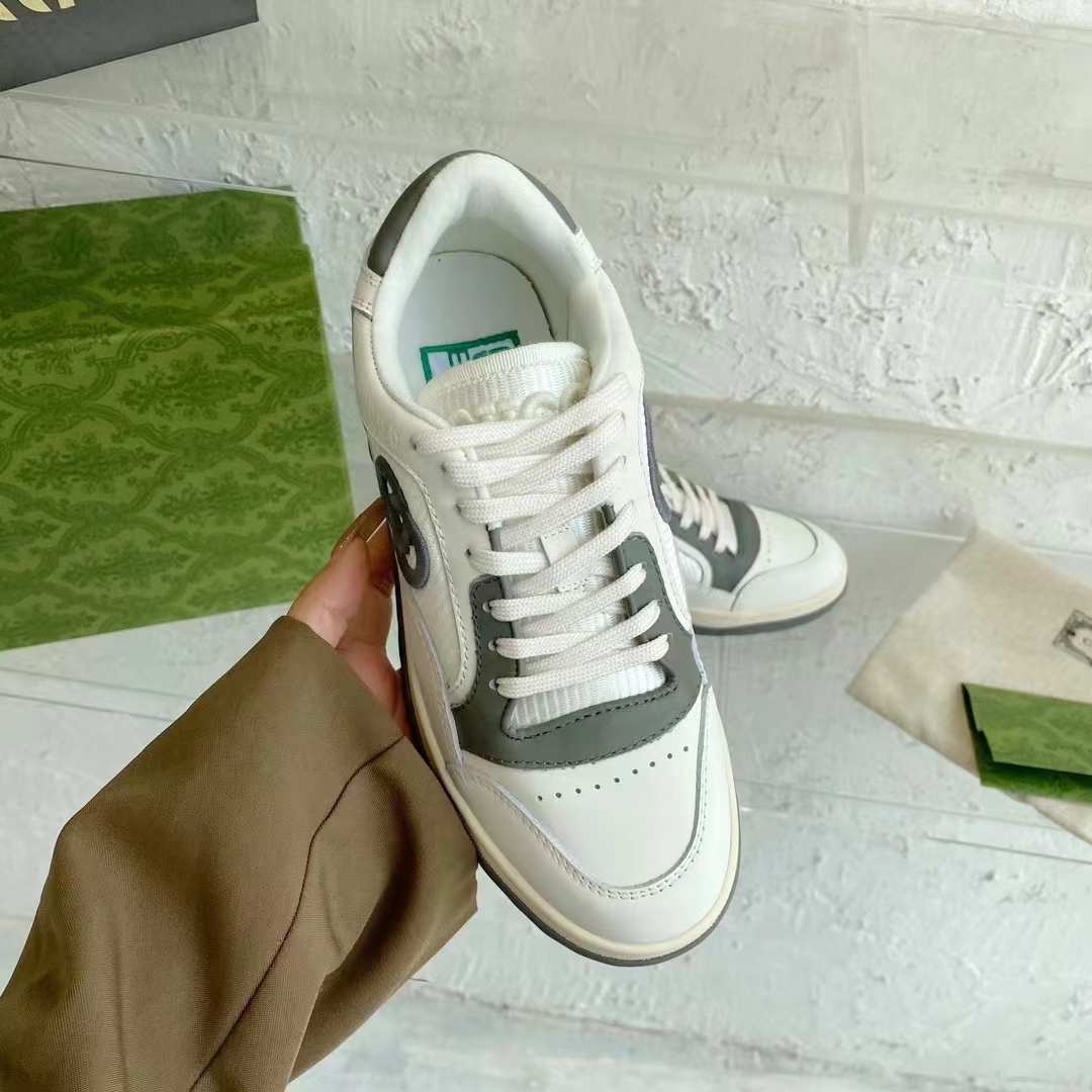 Gucci Unisex GG MAC80 Sneaker Off White Grey Leather Round Toe Rubber Flat