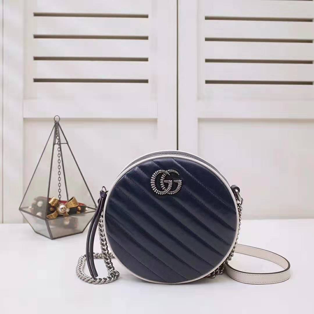 Gucci GG Women GG Marmont Mini Round Shoulder Bag in Blue Diagonal Matelassé Leather