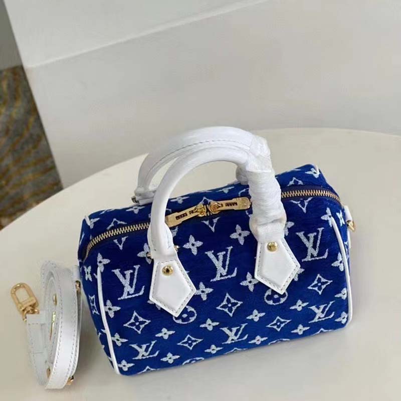 Louis Vuitton Women Speedy Bandouliere 20 Bag Blue Monogram Jacquard Velvet Cowhide