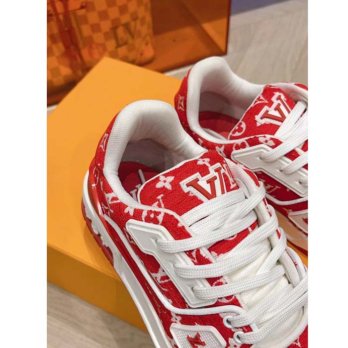 Louis Vuitton LV Unisex LV Trainer Sneaker Red Monogram Textile Rubber Outsole