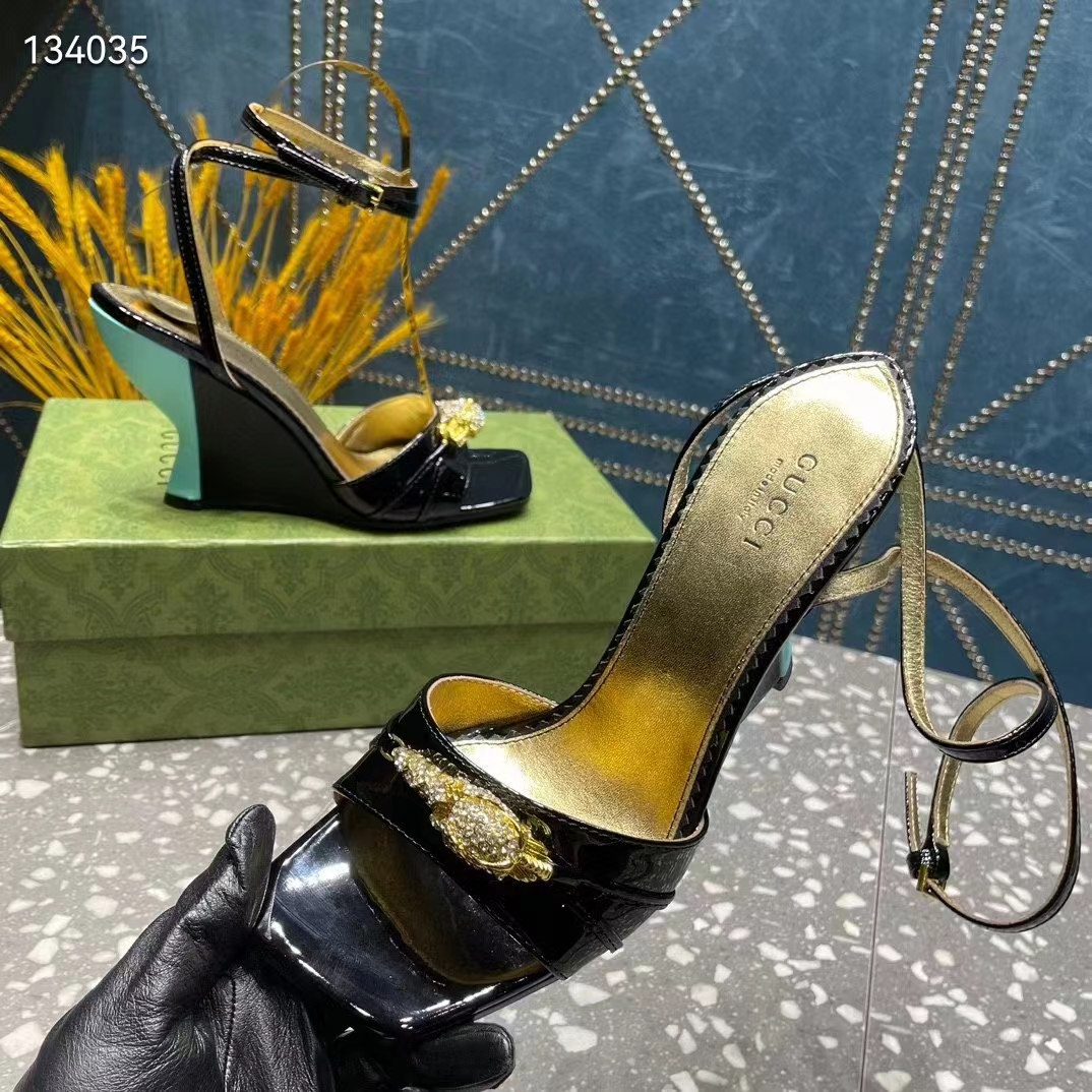 Gucci Women GG High-Heel Sandal Hardware Black Patent Leather Square Toe Geometric-Shaped Heel