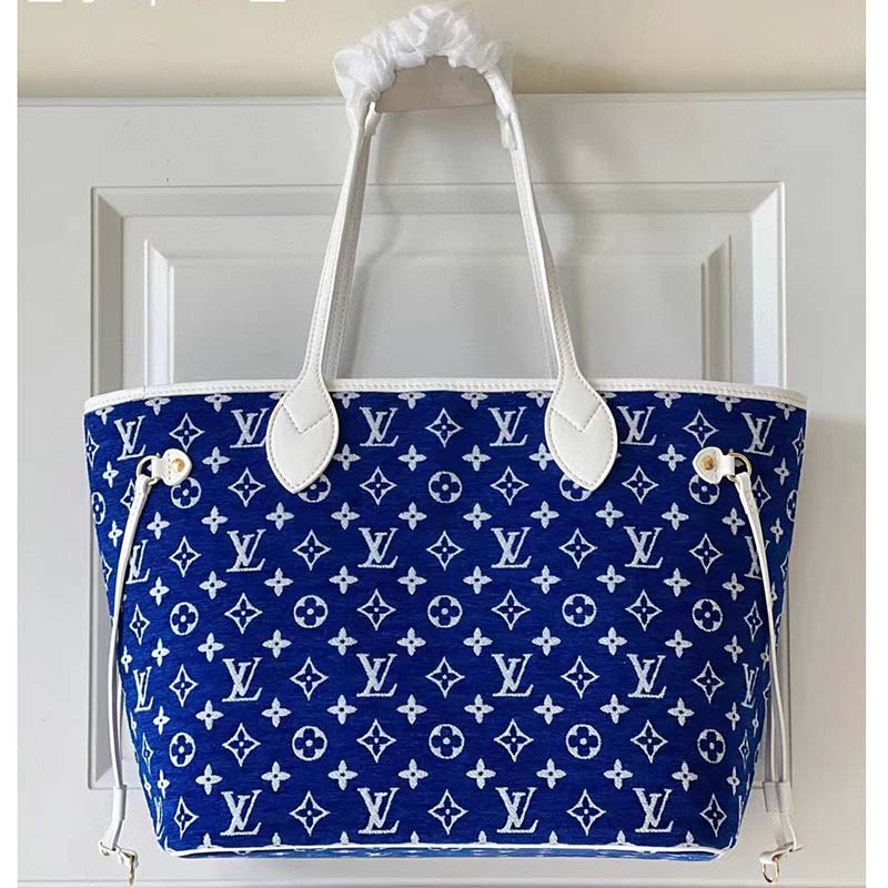 Louis Vuitton Women Neverfull MM Tote Blue Monogram Jacquard Velvet Cowhide Leather