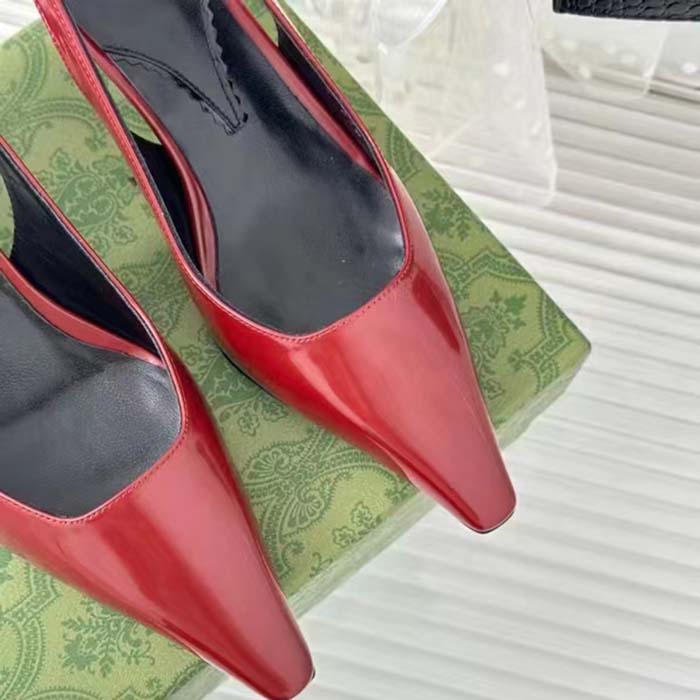 Gucci Women GG Slingback Pump Dark Red Leather Interlocking G Square Upper Mid-Heel