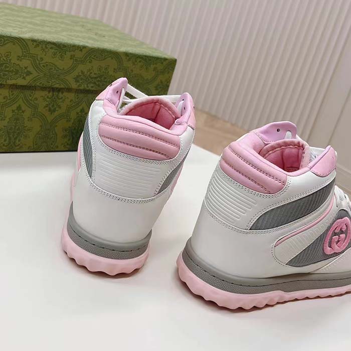Gucci Unisex Mac80 High Top Sneaker Off White Pink Leather Round Toe Rubber Sole Flat