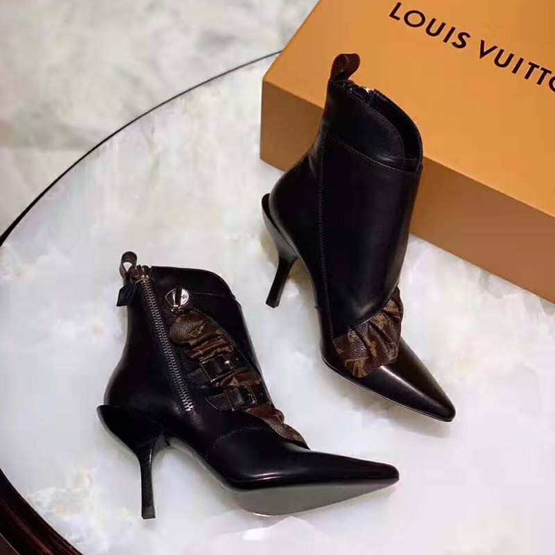 Louis Vuitton LV Women LV Janet Ankle Boot in Calf Leather and Patent Monogram Canvas-Black