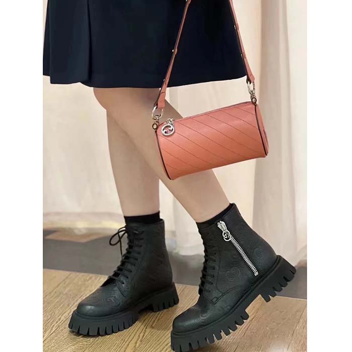 Gucci Unisex GG Leather Boots Rubber Lug Sole Lace-Up Interlocking G Flats