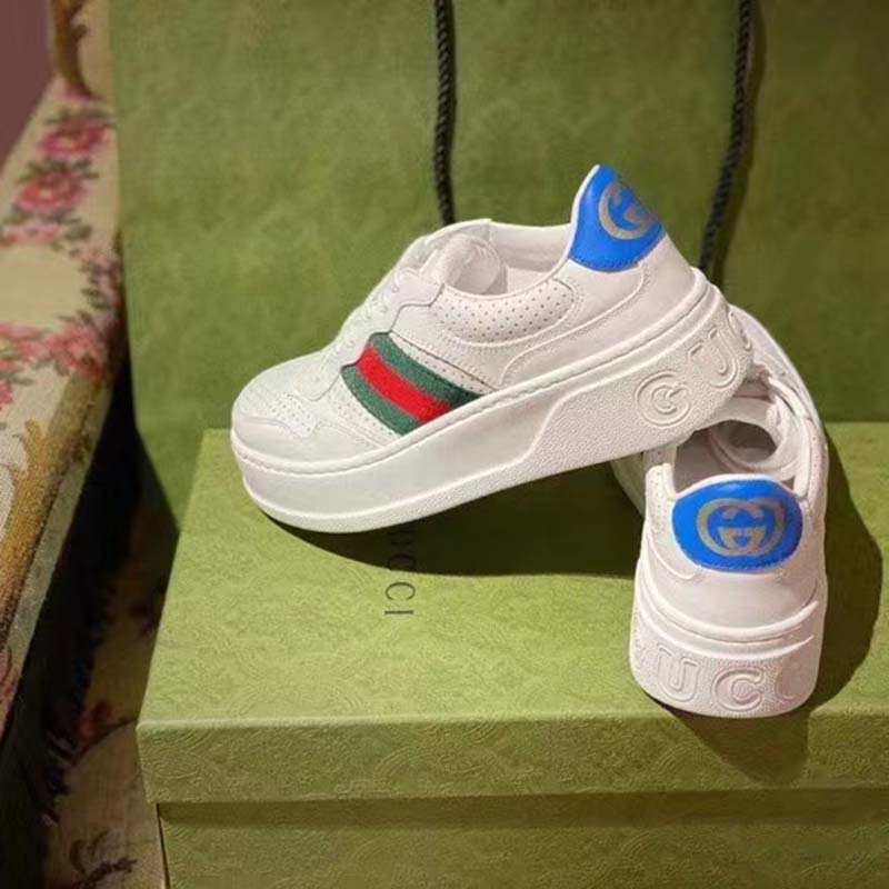 Gucci Unisex Sneaker Web White Leather Green Red Web Lace Up Flat