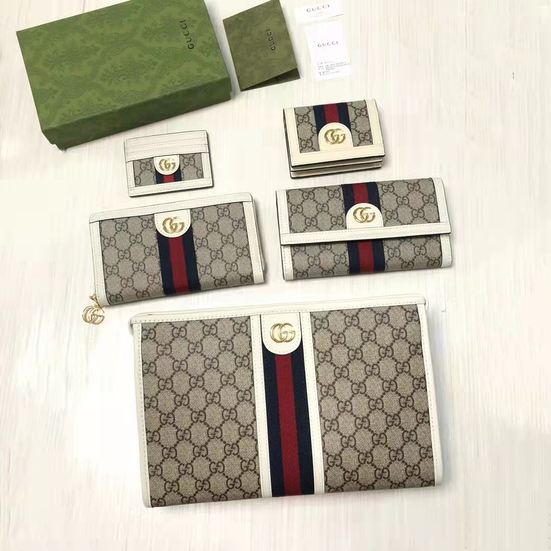 Gucci Unisex Ophidia Card Case Beige Ebony GG Supreme Canvas Double G