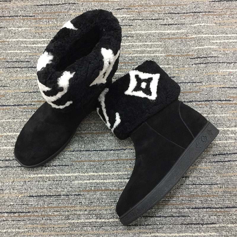 Louis Vuitton LV Women Snowdrop Flat Ankle Boot Black Suede Calf Leather Shearling Wool