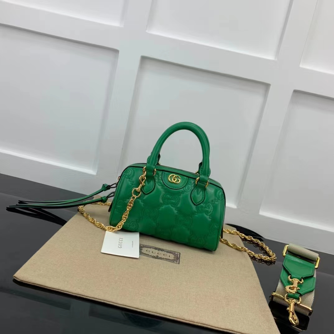 Gucci Women GG Matelassé Leather Top Handle Bag Bright Green Double G