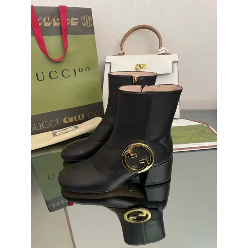 Gucci GG Blondie Women’s Ankle Boot Black Leather Mid 5 Cm Heel