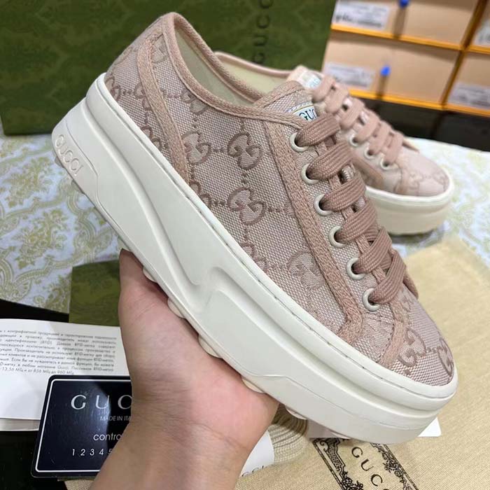 Gucci Women GG Sneaker Pink Original Canvas Rubber Interlocking G Lace-Up Flat