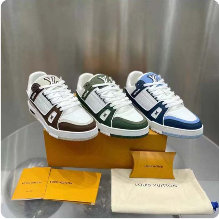 Louis Vuitton Unisex LV Trainer Sneaker Blue Nubuck Calf Leather Grained Monogram Flowers