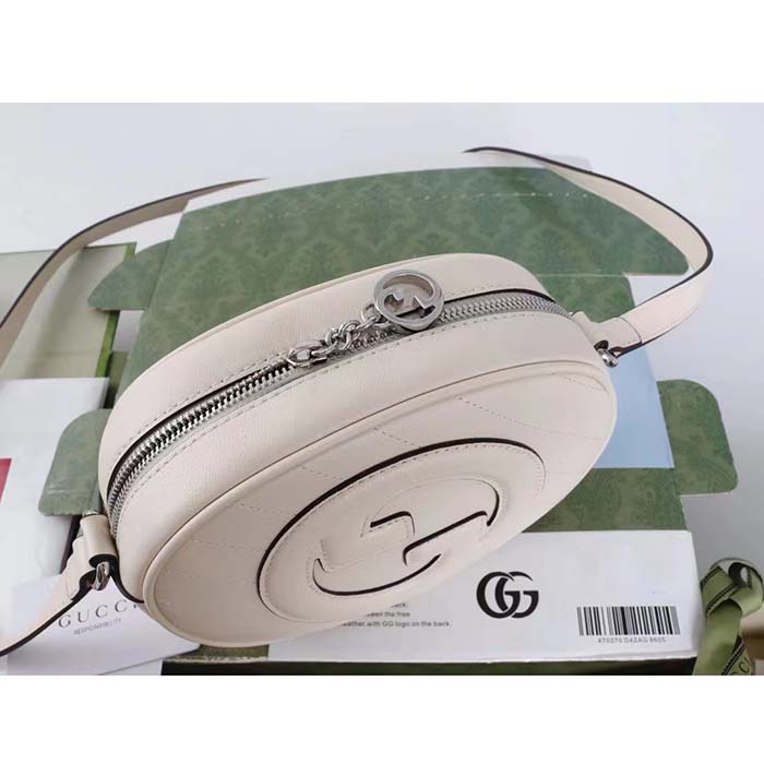 Gucci Women GG Blondie Mini Shoulder Bag White Leather Round Interlocking G Patch