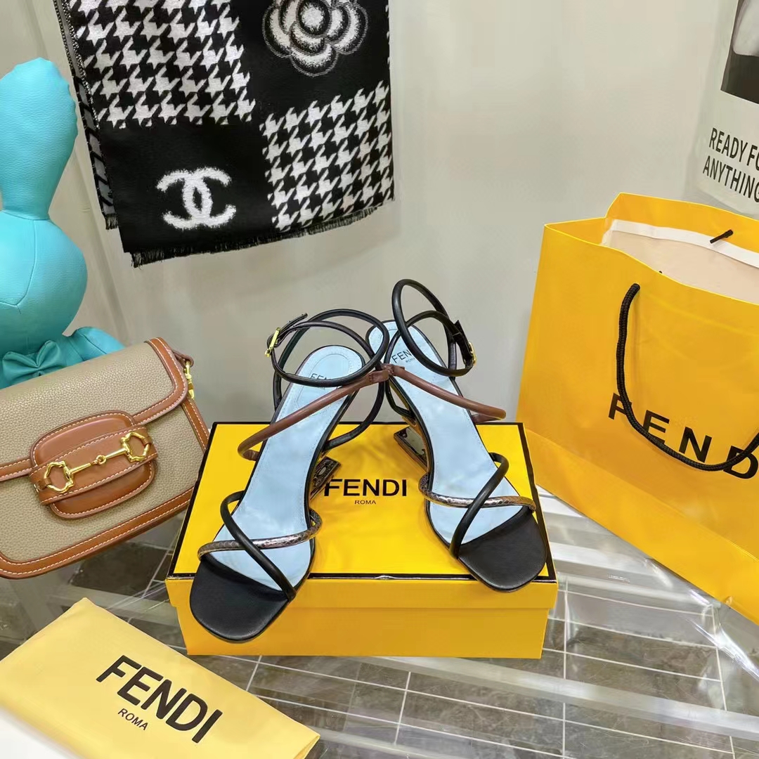 Fendi Women FF First Brown Nappa Leather High-Heeled Sandals 9.5 cm Heel