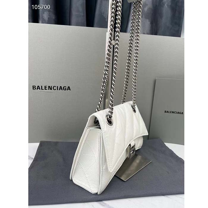 Balenciaga Women Crush Small Chain Bag Quilted White Crushed Calfskin Aged-Silver Hardware