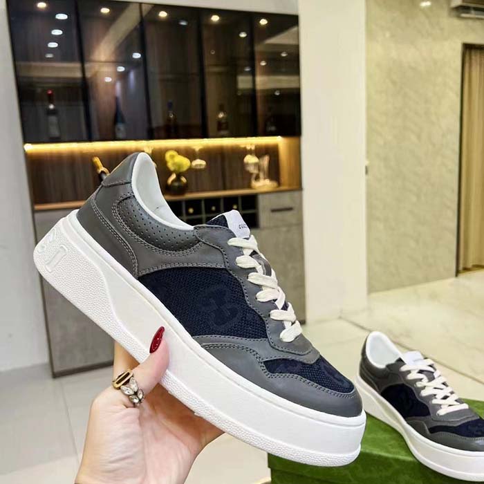Gucci Unisex Lace-Up Sneaker Grey Leather Blue Black GG Canvas Mid 5.6 Cm Heel