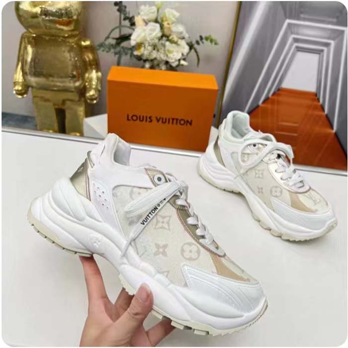 Louis Vuitton LV Unisex Run 55 Sneaker Beige Monogram Denim Lifted Rubber Outsole