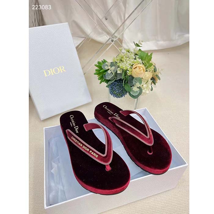 Dior Women CD Diorsea Thong Sandal Scarlet Red Velvet Gold-Tone 3 CM Heel