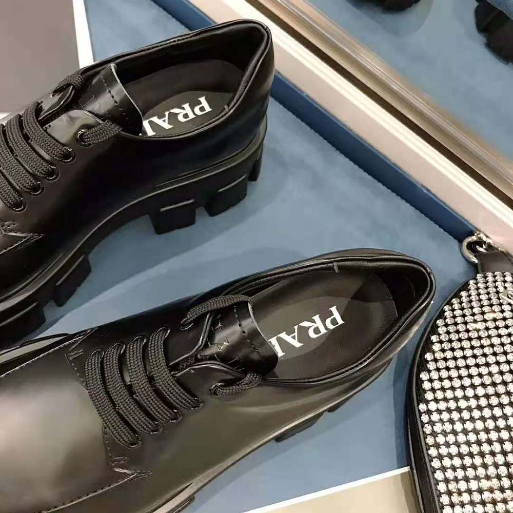 Prada Women Monolith Brushed Calf Leather Lace-Up Shoes-Black