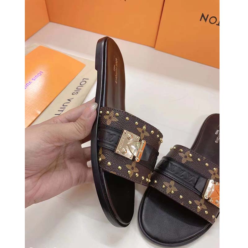Louis Vuitton LV Women Lock It Flat Mule Black Patent Monogram Canvas