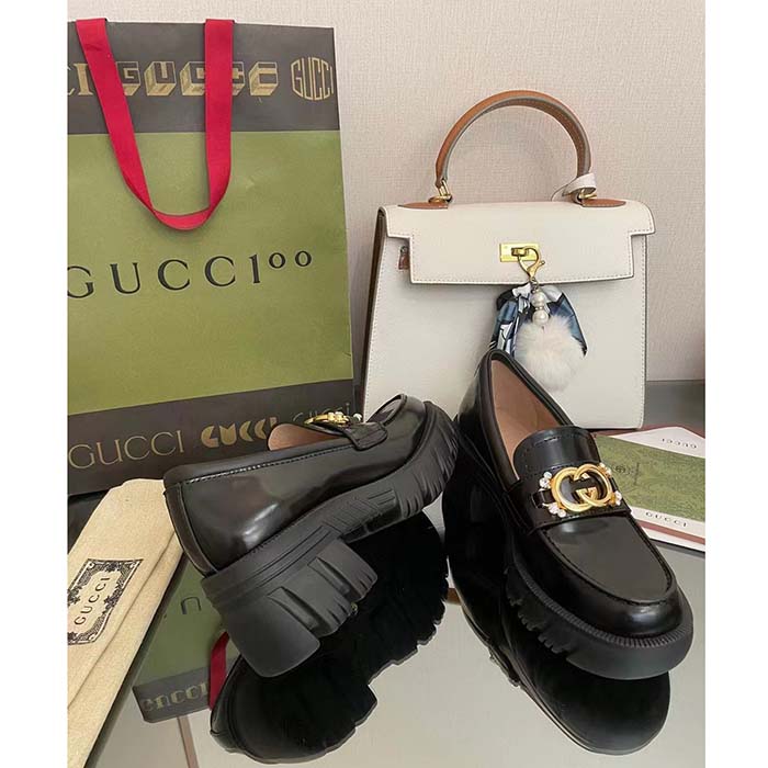 Gucci Women GG Lug Sole Interlocking G Loafer Black Patent Leather Low Heel Rubber