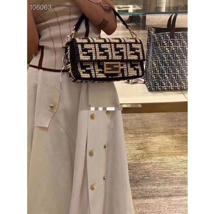Fendi Women FF Baguette Black Raffia Back Crocheted FF