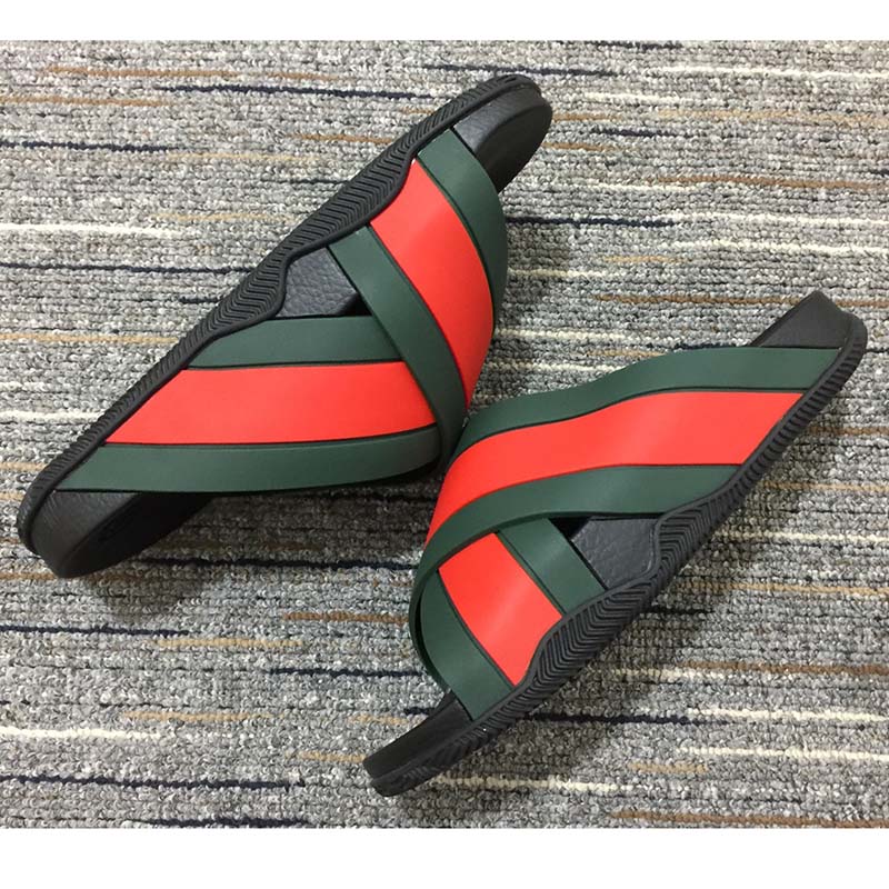 Gucci Unisex Web Slide Sandal Green Red Rubber Web Rubber Sole Low Heel