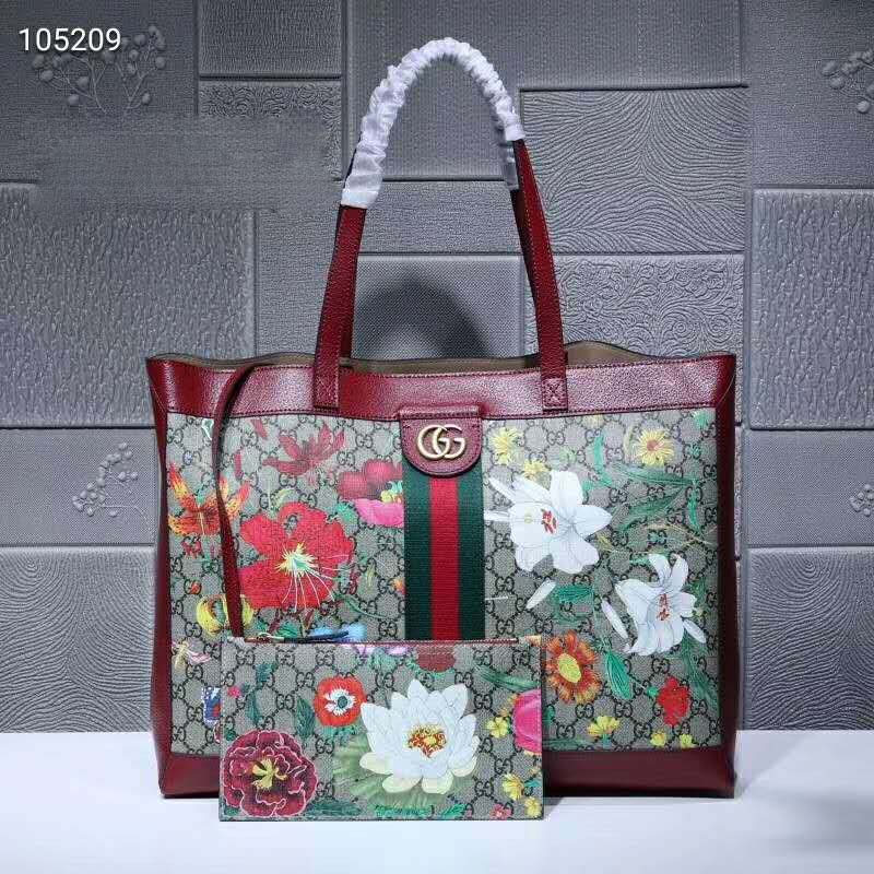 Gucci GG Women Ophidia GG Flora Medium Tote in Beige/Ebony GG Supreme Canvas