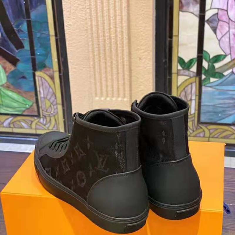 Louis Vuitton LV Unisex Tattoo Sneaker Boot in Damier Tartan Canvas with Monogram Embroidery-Black