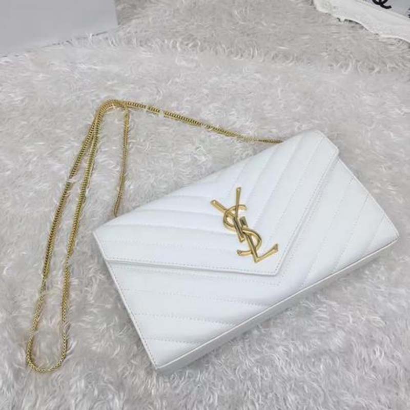 Saint Laurent YSL Women Monogram Chevron Quilted Chain Wallet-White