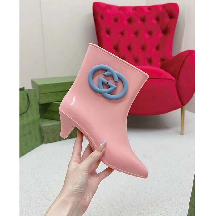 Gucci Women Interlocking G Ankle Boot Pink Shiny Rubber Matte Point Toe Low-Heel