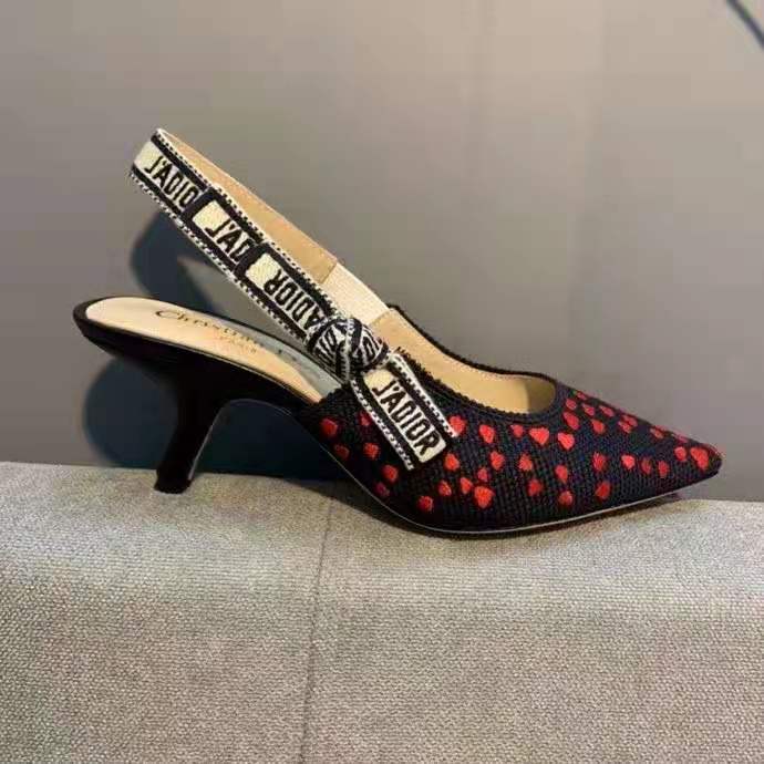 Dior Women Shoes J’Adior Slingback Pump Navy Blue Red Hearts I Love Paris Embroidered Cotton