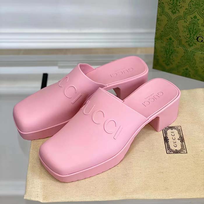 Gucci Women GG Slip-On Sandal Pink Rubber Embossed Logo Square Toe Chevron