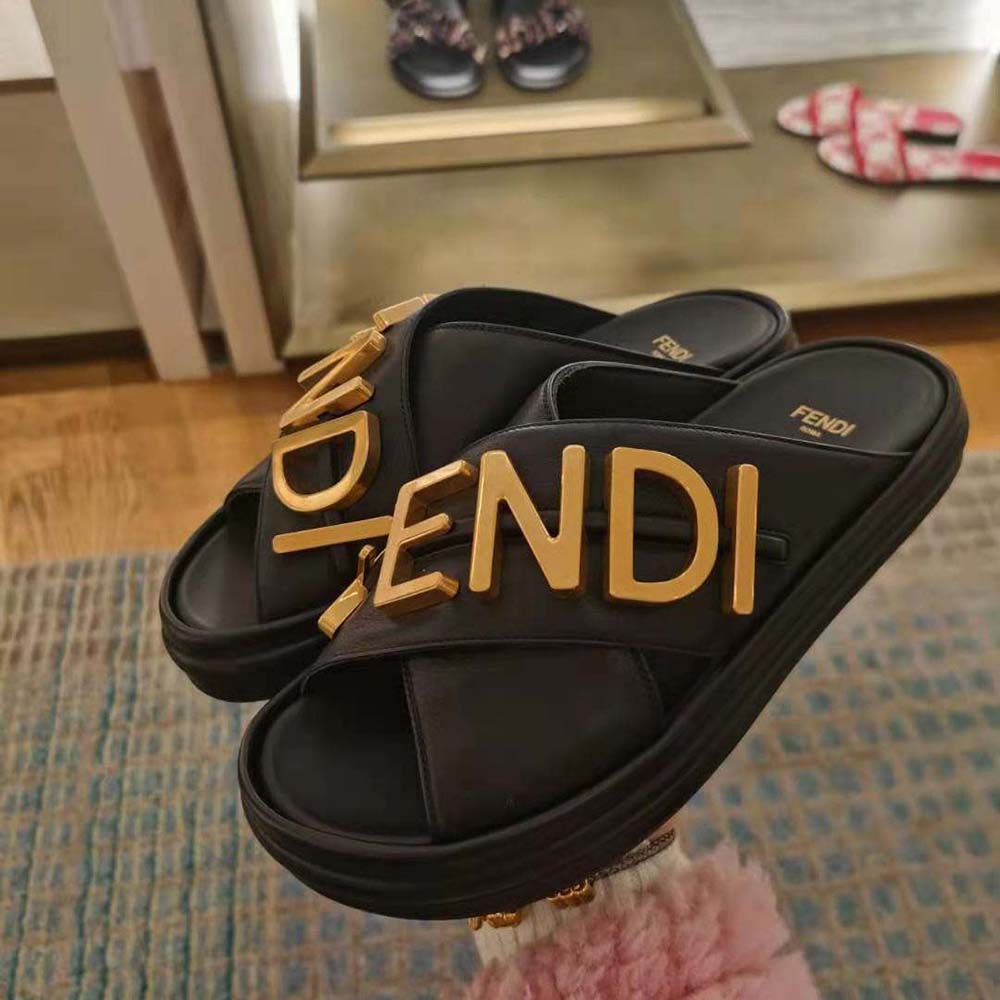Fendi Women Fendigraphy Black Leather Slides
