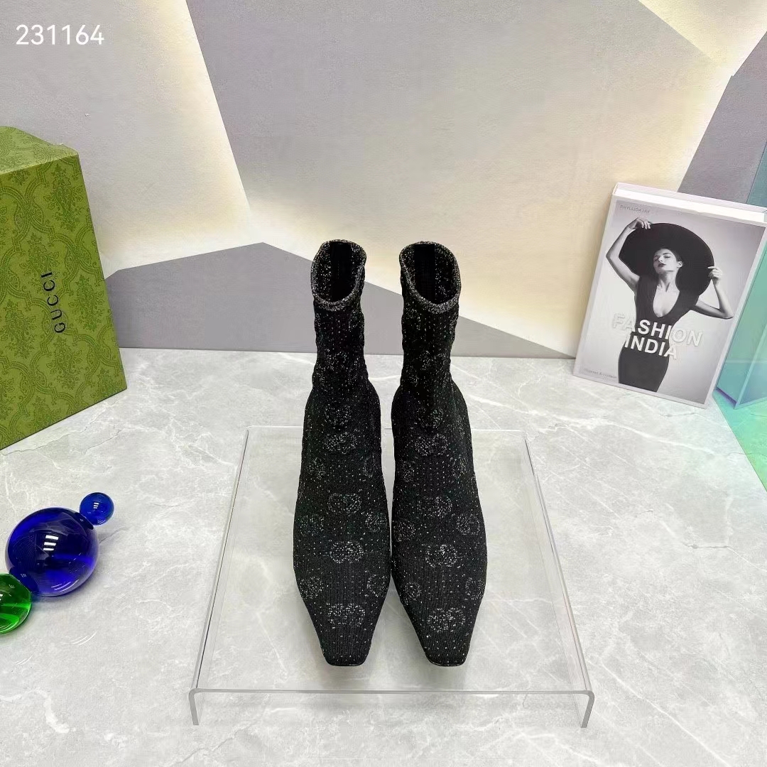 Gucci Women GG Knit Ankle Boots Black Grey Technical Knit Fabric Square Toe Leather Mid-Heel