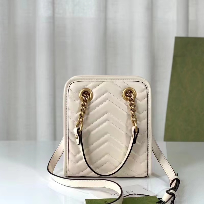 Gucci Women GG Marmont Matelassé Mini Bag White Chevron Leather Double G