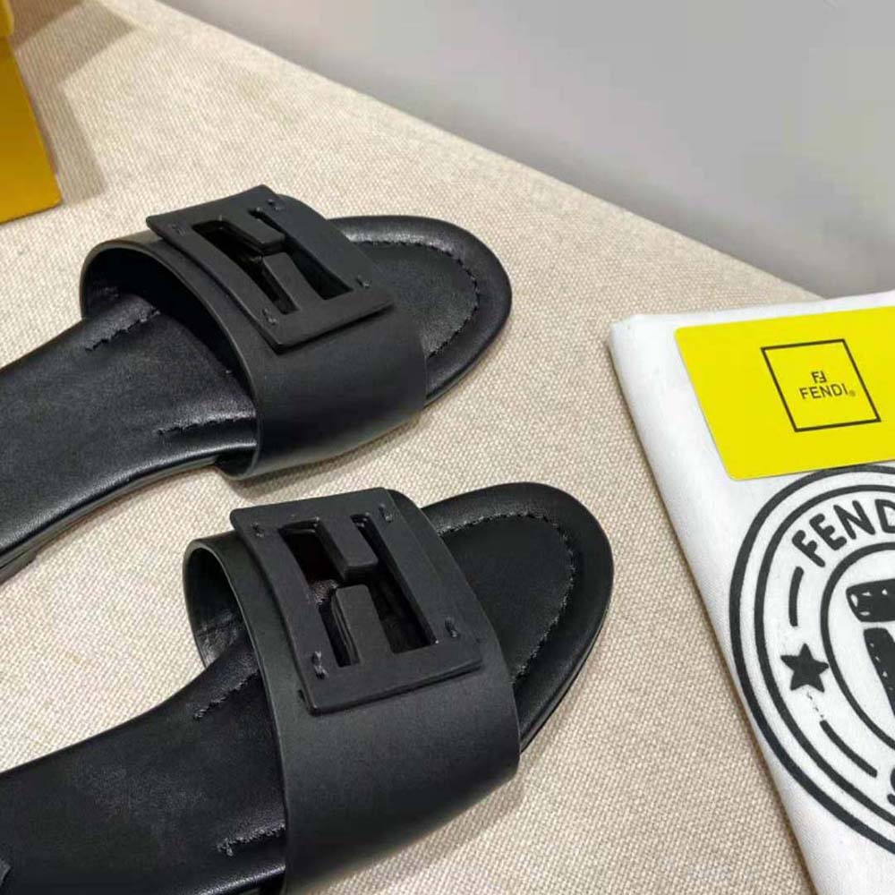 Fendi Women Signature Black Leather Slides in 0.4 inches Heel Height
