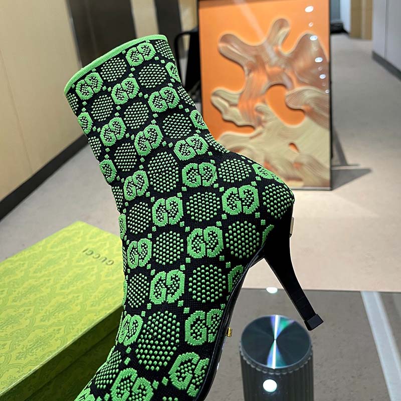 Gucci Women GG Knit Ankle Boots Black Green GG Technical Fabric Leather Mid-Heel